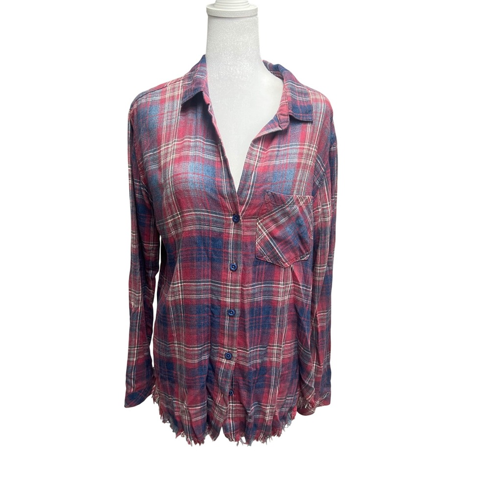 Anthro Cloth & Stone Plaid Shirt Womens M Red Blue Frayed Hem Grunge Fall Cabin